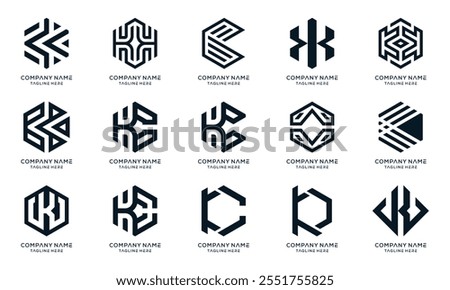 letter K logo set icon, hexagon cube box design concept, collection graphic vector