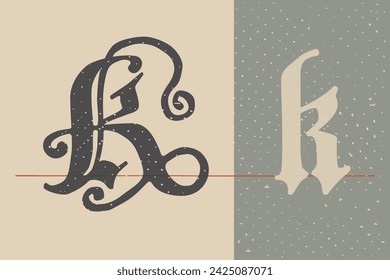 Letter K logo set. Medieval Polish blackletter calligraphy. 15th century Schwabacher Gothic type. Old German style font for fairy tale, premium newspaper headline, magic testament, heraldry manuscript