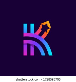 Letter K logo with star inside. Vector parallel lines icon. Perfect font for multicolor labels, space print, nightlife posters etc.