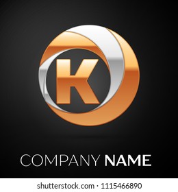 Letter K logo symbol in the golden-silver colorful circle on black background. Vector template for your design