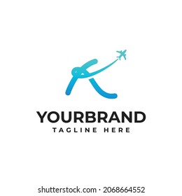 Letter K logo or symbol template design, with airplane icon