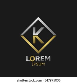 Letter K logo template badge with golden and silver elements. Vector illustration