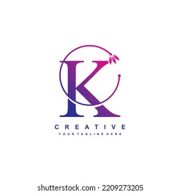 letter K logo template with blue and purple gradient colors with floral ornaments and circular lines. elegant and luxurious letter K logo design. beautiful letter K logo vector. icon K