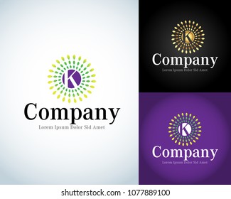 Letter K Logo template. K Letter Design Vector with rays.Type Characters Logotype symbols. Isolated vector illustration.
