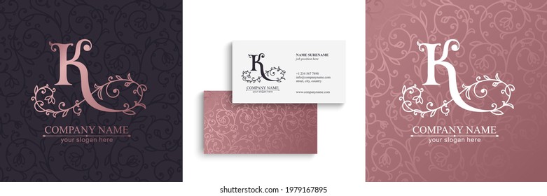 Letter K logo template. Monnogram, delicate floral design. Personal logo. Vector design.