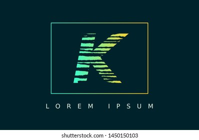 Letter K logo vector with green line box. wood texture style