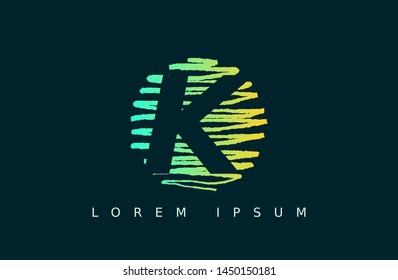 Letter K logo vector with green round. wood texture style