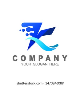 letter k logo with wave design vector, k letter with water waves and drops, font style, vector design template elements for your ecology application or corporate identity, water drop and fast