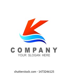 letter k logo with wave design vector, letter k and beach logo illustration