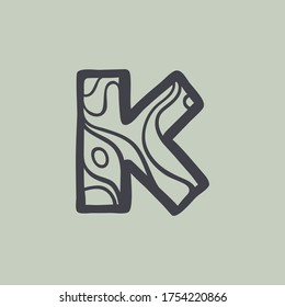 Letter K logo with waves line pattern. Perfect font for water or desert design, landscape print, travel card and ecology concepts, etc.