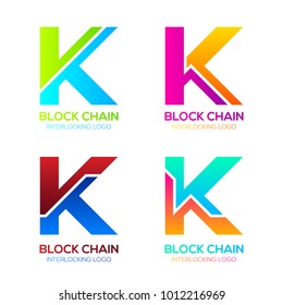 Letter K logos Colorful shape with Blockchain Technology and Abstract Interlocking, Bitcoin Cryptocurrency data, Digital connect link network Concept