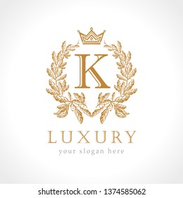 Letter K logotype concept. Isolated abstract emblem, graphic design template. Art nomination award elegant banner, decorative old tradition style sign, round shape business symbol. Vector illustration