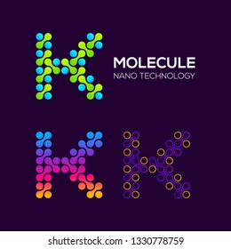 Letter K Logotype with Dots and Curve , Circle Shape and Line Connection, Molecule and Nano Technology logo, Innovation and DNA Icons, Medical Cosmetics Symbols, Science Laboratory Cell Signs