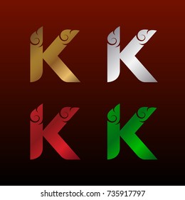 Letter K logotype with Thai art style, Metallic Glossy texture, Gold and Silver, Red and Green, Beautiful Luxury, Thai vintage Logo for your Corporate identity