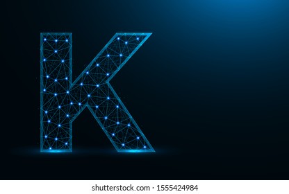 Letter K low poly design, alphabet abstract geometric image, font wireframe mesh polygonal vector illustration made from points and lines on dark blue background