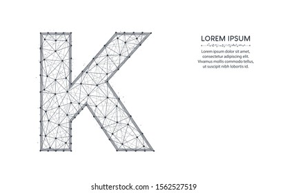 Letra K diseño de polos bajos, imagen geométrica abstracta alfabética, imagen de malla de alambre de fuente ilustración de vector policonal hecha de puntos y líneas en fondo blanco