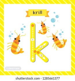 Letter K lowercase cute children colorful zoo and animals ABC alphabet tracing flashcard of Krill for kids learning English vocabulary and handwriting vector illustration.