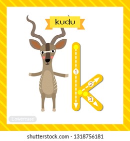 Letter K lowercase cute children colorful zoo and animals ABC alphabet tracing flashcard of Kudu standing on two legs for kids learning English vocabulary and handwriting vector illustration.