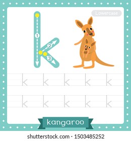 Letter K lowercase cute children colorful zoo and animals ABC alphabet tracing practice worksheet of Kangaroo and baby for kids learning English vocabulary and handwriting vector illustration.