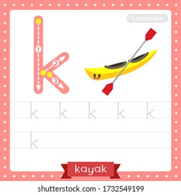 Letra K minúscula niños lindos y minúsculas transportaciones coloridas hoja de cálculo de práctica de seguimiento del alfabeto ABC de Kayak para niños que aprenden vocabulario inglés y escritura a mano Ilustración vectorial.
