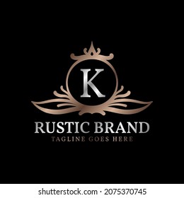 letter K luxurious rustic crest logo badge for beauty care, wedding organizer, hotel and cottage