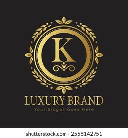 Letter K Luxury brand logo design with a royal gold crown emblem and elegant typography
