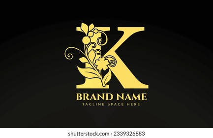 Letter K luxury floral logo design template with gold color