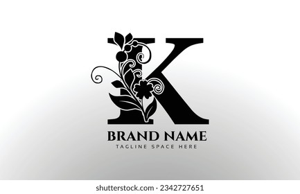 Letter K luxury floral logo design template with Black color