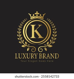 
Letter K luxury gold logo concept brand logo design with a royal gold crown emblem and elegant typography
