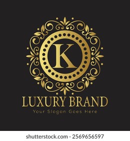 Letter K luxury gold logo concept brand logo design with a royal gold crown emblem and elegant typography
