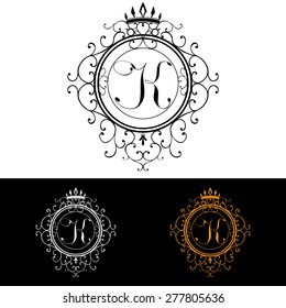 Letter K. Luxury Logo template flourishes calligraphic elegant ornament lines. Business sign, identity for Restaurant, Royalty, Boutique, Hotel, Heraldic, Jewelry, Fashion, vector illustration.