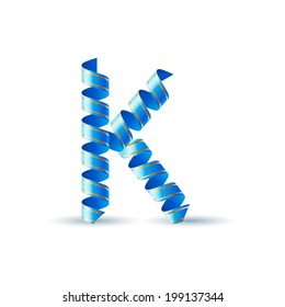 Letter K made of blue curled shiny ribbon