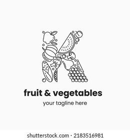 Letter K made of fruit and vegetables. Organic food logo concept. Stock vector illustration.