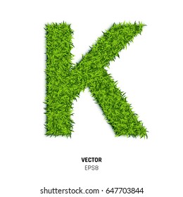 The Letter K Made of Green Grass Texture. 3d Vector Illustration on White Background