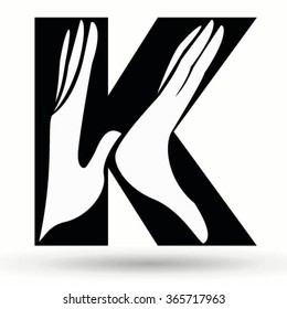 Letter K made from hands. Hand drawn painted .Black and white alphabet font. ABC design concept .Vector calligraphy illustration. For scrap booking, posters, textiles .Isolated on white background.