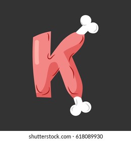 Letter K meat font. Pork and bone alphabet sign. Ham lettering. Beef ABC symbol
