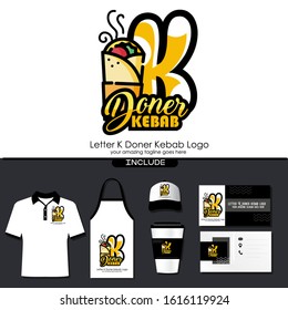 Letter K Meat Kebab Dishes Vector Logo Design Illustration for Turkish and Arabian Fast Food Restaurant with Brand Identity Include Shirt. Apron. Hat. Cup. Business Card. Initial Typography Logo