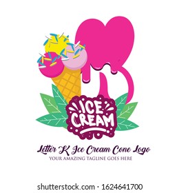 Letter K Melting Ice Cream Balls in the Waffle Cone Isolated on White Background. Vector Flat Modern Style. Colorful Logo in Cartoon Style Illustration for Ice Cream Shop Café and Restaurant