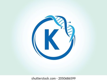 Buchstaben K-Monogramm-Alphabet in einem Kreis mit DNA. Design-Konzept des Genetics-Logos Schriftemblem. Modernes Vektorlogo für Medizin, Wissenschaft, Labor, Wirtschaft und Unternehmensidentität