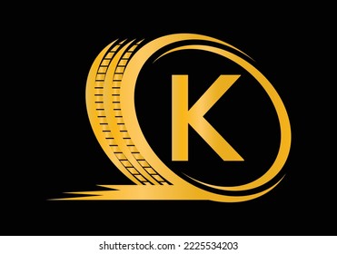 Letter K monogram alphabet With a Sport Car Automotive Car Repair Logo Design Concept With Transport Tire Icon Vector Template.