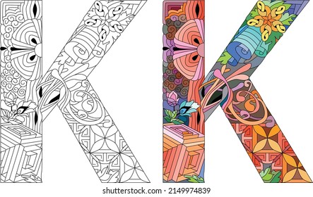 Letter K monogram for coloring, engraving design. Vector illustration. Color and outline set