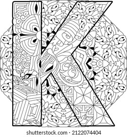 Letter K monogram, engraving design on mandala for coloring. Vector illustration.