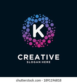 LETTER K monogram logo with dot concept. universal colorful biotechnology molecule atom dna chip. research, science, medical, logotype vector