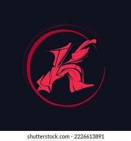 Letter K monogram logo.Ink, brush calligraphy icon.Lettering sign.Signature alphabet initial isolated on dark fund.Handwritten, graffiti style red color character.Circle frame.