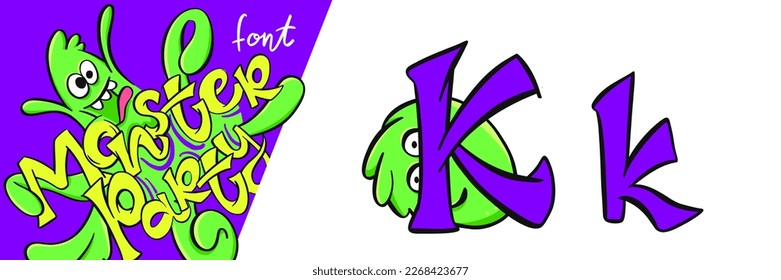 Letter K from the Monster party alphabet font. Large and small cartoon style letters set with cute monsters behind them for children, kindergarten, school, education, home party decor illustration