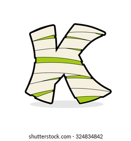 Letter K Monster zombie. Mummy font sign. Alphabetical icon medical bandages.  Egyptian concept of template elements ABC. 