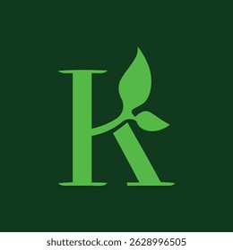 letter K with nature leaf logo design	