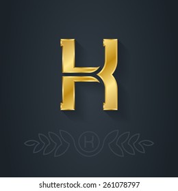 Letter K or number one. Template for company logo with monogram element. 3d Design element or icon. Vector elegant gold font.