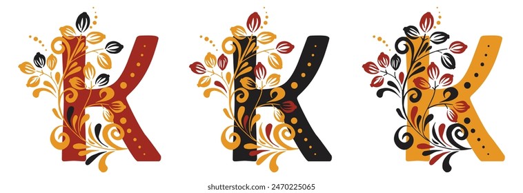 The letter K in the old Russian style in three versions with beautiful curls. Traditional Russian floral motifs. For monogram, invitations, wedding, decoration.