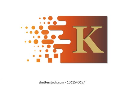 Letter K on a colored square with destroyed blocks on a white background